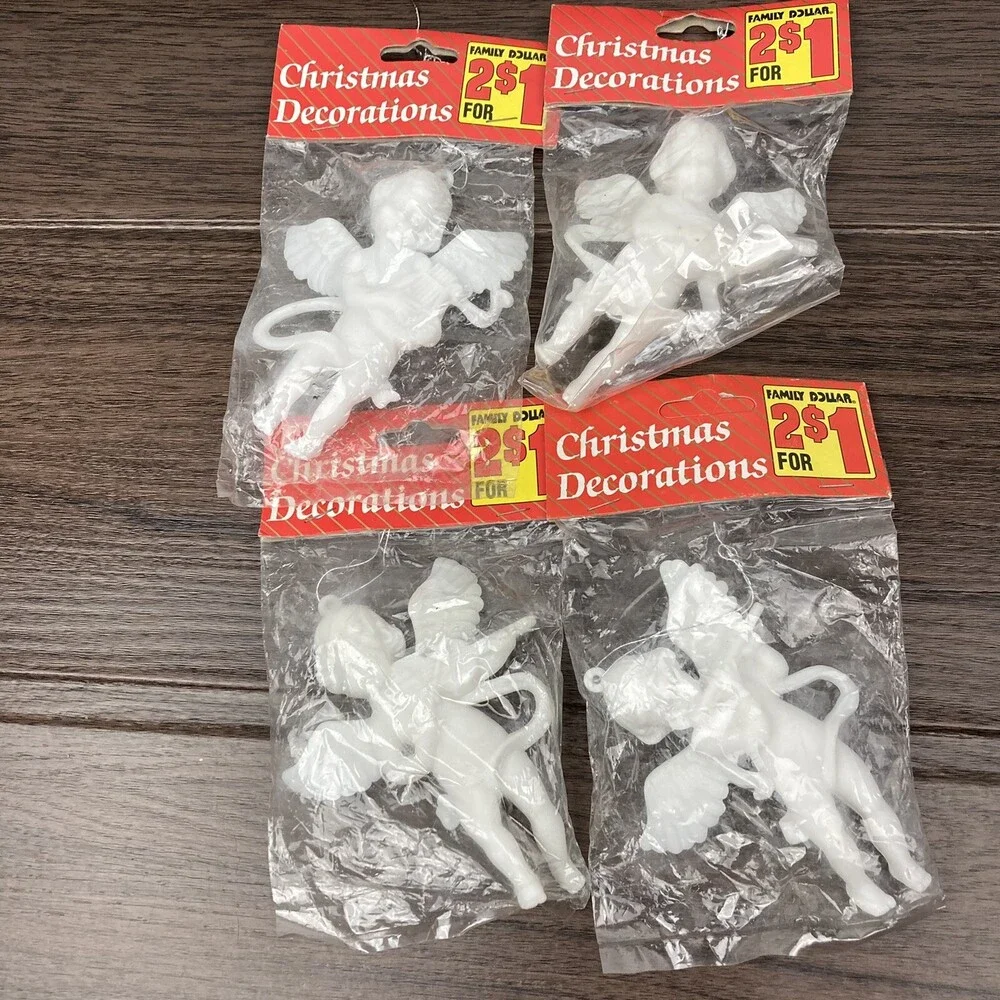 VTG Set 4 Musical Angel Cherub Christmas Ornaments White Plastic Harp Lute Flute